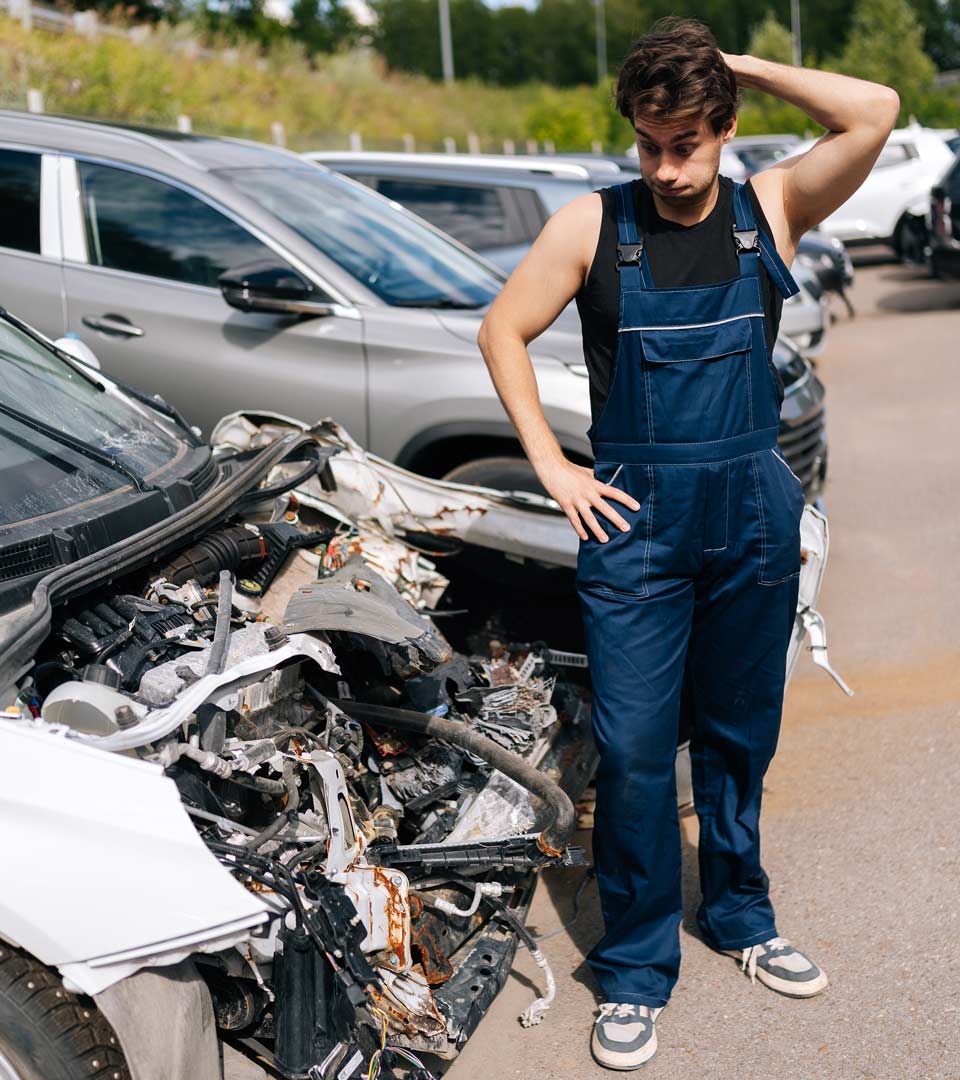 Motorschaden an einem Auto nach Unfall – Mechaniker steht vor offenem Motorraum mit schweren Schäden