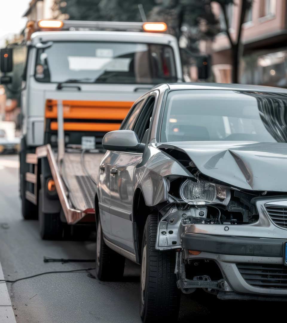 Unfallwagenankauf Ratzeburg: Beschädigtes Auto wird nach dem Unfall per Abschleppwagen abgeholt.